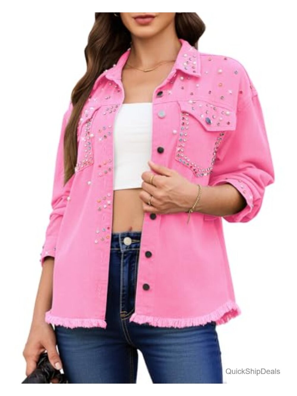 Oversized Denim Jacket Rhinestone Pearl Embellished Frayed Hem Sparkly